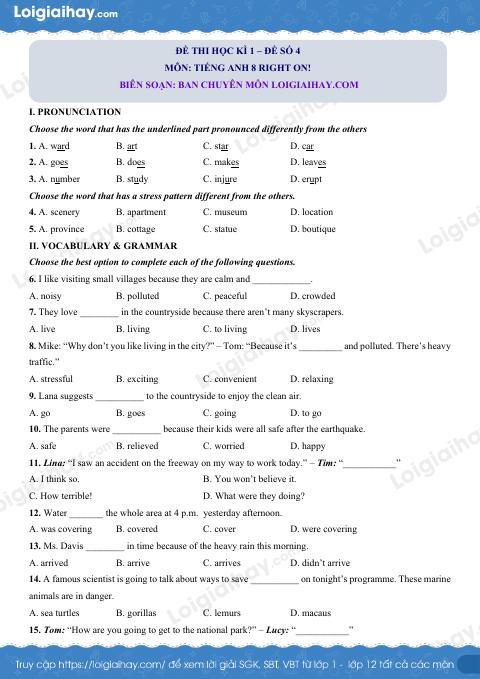 Đề thi học kì 1 Tiếng Anh 8 Right on! - Đề số 4
